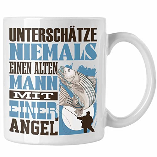 Trendation - Angel Tasse Geschenk für Angler Fischer Lustiger Spruch Unterschätze Niemals Alten Mann mit einer Angel (Weiß)