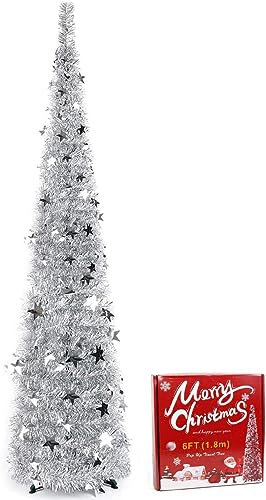 Pop up Christmas Tree 6FT Slim Christmas Tree Artificial Christmas Tree Collapsible Pop Up Silver Colored Tinsel Xmas Tree for Holiday Indoor Home Party Decor