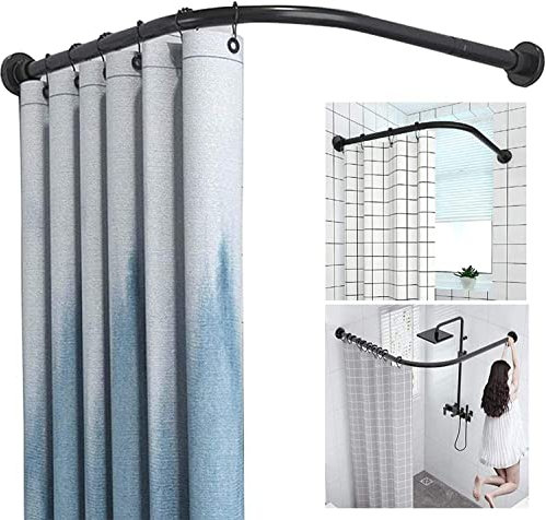 Bastone doccia angolare regolabile Asta Tenda Doccia,Tubo Tenda Doccia a Muro Senza Fissaggio Soffitto,Bastone per Tenda Doccia 100% Acciaio Inox(Size:70 to 95 cm X 90 to 130 cm,Color:Black)