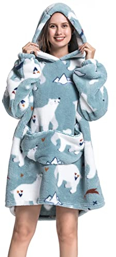 Ruiuzioong Übergroße Tragbare Decken Hoodie Sweatshirt für Damen Herren, Pullover Kapuzenpullover Oversized Tragbare Decke Weich Hoodies Kapuzenpullover (Eisbär-Erwachsene)
