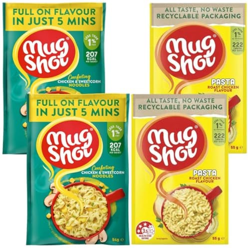 Cup Soup Bundle With Mug Shot Chicken & Sweetcorn Noodles 54g x2 and Roast Chicken Pasta 55g x2 (4 Pack)