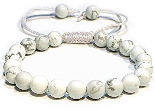 P&R:UK Howlite Crystal Bracelet – Adjustable Macrame String with 8mm Round Healing Crystal Beads – Chic Gemstone Bracelet for Men and Women