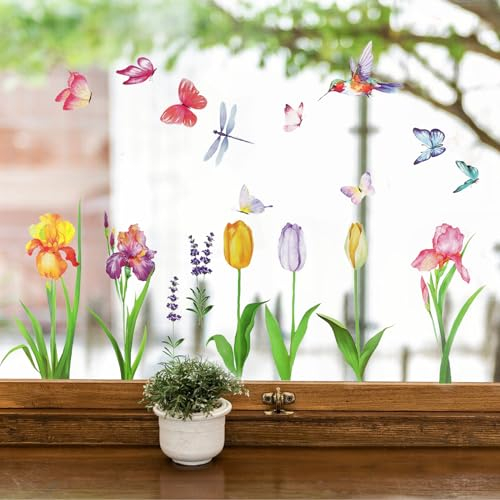 Adesivi per Finestra Fiori Farfalla, Vetrofanie Fiori Piante Uccelli Primavera Estate, Decalcomanie Stickers per Finestra Vetrina Vetro Porta Decorazione Floreali