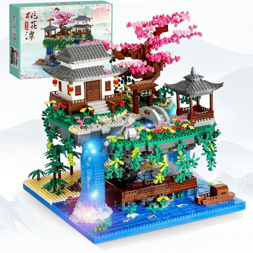 3200 Piezas Micro Mini Bloques,Bloque de Construcción de Arquitectura de Estanque de Flor de Melocotón,Pinza de Bloques de Construcción de Casa con LED,Kit de Construcción de Casa de Árbol de Sakura