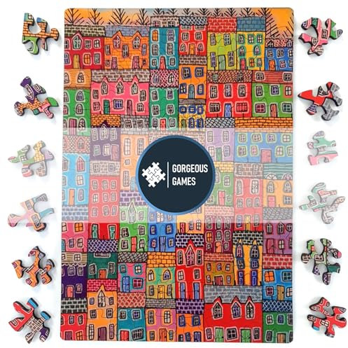 Gorgeous Games Kleines Holz-Puzzle, Premium-Holzpuzzle für Erwachsene, modernes Kunstwerk mit Premium-Bauweise, 18 cm x 26 cm, 117 Teile (helle Häuser)