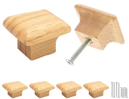 Misuyue Square Wooden Drawer Knobs (4 Pack) - Natural Wooden Door Handles/Cabinet Door Knobs - Wardrobe Door Knob with Screws - 3.5cm/1.37 Inches Wooden Handles - Door Knobs for Cupboards