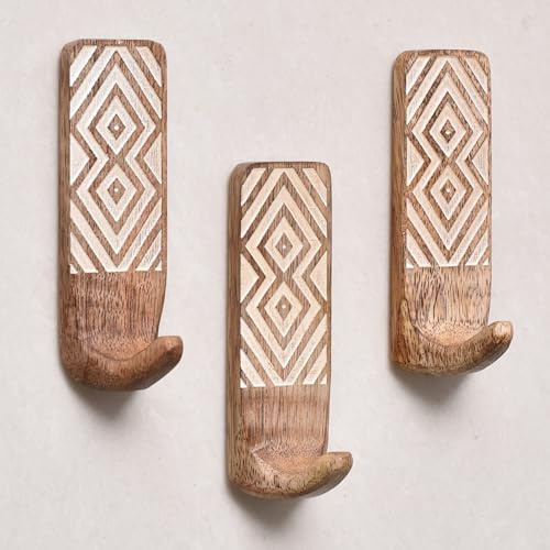IndianShelf – Crochets muraux adhésifs en bois de style bohème pour accrocher manteaux, clés, laisse, chapeau, serviette, joli porte-clés adhésif, décoration murale occidentale blanche et marron (6