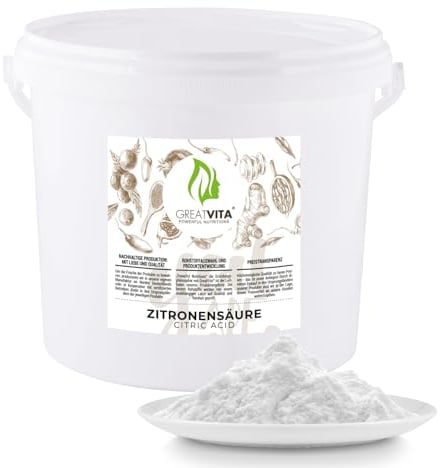 GreatVita Acide citrique monohydrate en poudre 5 kg, qualité alimentaire, acide citrique pur E330, sans OGM, acidifiant idéal pour le détartrage, le nettoyage, la pâtisserie, la cuisine