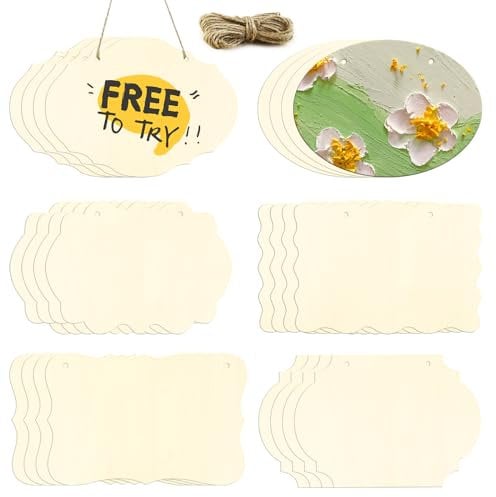 FSWCCK 24 Pieces Unfinished Hanging Wood Sign Blank with Ropes, Rectangle Blank Wood Sign Plain Hanging Craft Door Signs Wall Art Farmhouse Wooden Sign for Door Wall Art Decoration (6 Style)