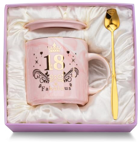 Taza de Cerámica Rosa para Chicas de 18 Años - Regalo Original con Tapa, Cuchara y Caja de Regalo - Ideal para Cumpleaños, Amigas, Hija, Hermanas