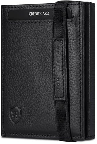 VON HEESEN Slim Wallet mit Münzfach & RFID Schutz - Leder Geldbörse Herren klein - Mini Geldbeutel Damen Portmonee - Kartenetui Echtleder Karten Portemonnaie - Kreditkartenetui Schwarz genarbt