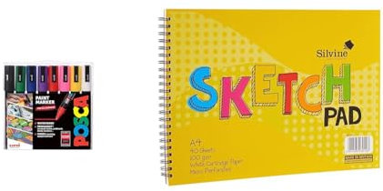 Posca PC-5M Water Based Permanent Marker Paint Pens. Medium Tip for Art & Crafts. & Silvine A4 Wirebound Sketch Pad - 40 sheets of 100gsm Smooth White Cartridge Paper (210 x 297mm)