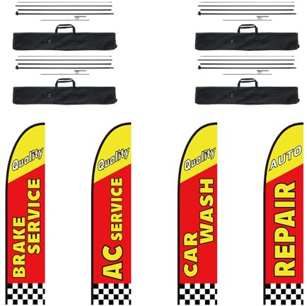 VEVOR Kit mâts de drapeau avec drapeaux plumes publicitaires, 4 drapeaux pour réparation automobile, 4 poteaux, 4 piquets de sol, hauteur totale 498,5 cm pour entreprises extérieur, activité promo