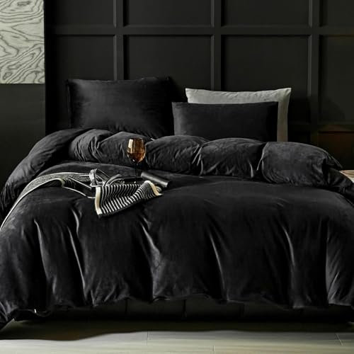 Lanqinglv Plüsch Bettwäsche 220x240 Schwarz Flanell Flauschig Winterbettwäsche Biber,Warme Cashmere Touch ÖKO-TEX Bettwäsche Set Bettbezug mit Reißverschluss und 2 Kissenbezug 80x80 cm