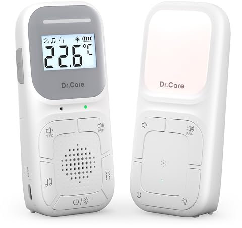 Dr.Care Neo Baby Monitor Audio Bidirezionale, Radioline Neonati con VOX, Luce Notturna, Ninnananna, Allarme Vibrazione, Portata 300m, Clip Portatile, Altoparlante e Microfono Alta Qualità, Senza WiFi