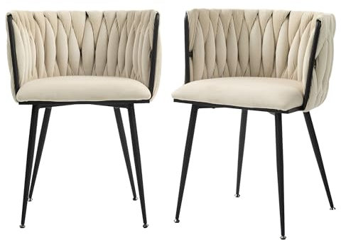 Moderner Esszimmerstuhl, Sessel, Samt Esszimmerstuhl Set mit schwarzen Metallbeinen, elegantes handgewebtes Design und weiches Kissen für Esszimmer, Wohnzimmer und Schlafzimmer (2er Set) (Beige)