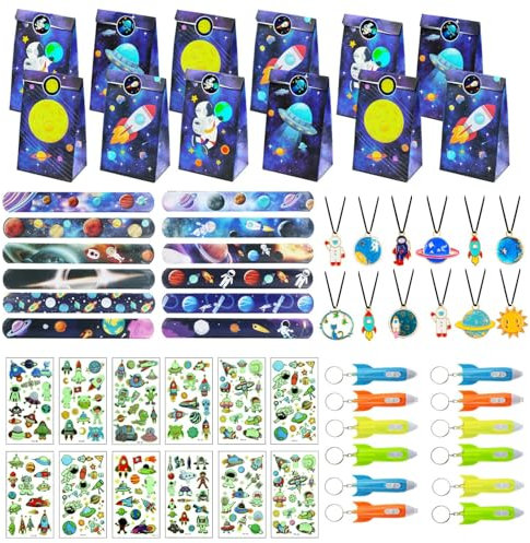 Hmfmdy 60 pezzi spaziali feste di compleanno per bambini con sacchetti regalo, confezione regalo per feste, pensierini per bambini, con razzo spaziale, nastri a scatto, collana, adesivi per tatuaggi B