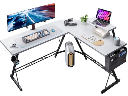 ODK 147 x 120 cm Eckschreibtisch, L Form Gaming Schreibtisch mit runder Ecke, Gaming Tisch mit Monitorablage, L Computertisch, Klassisches Schwarz, Weiß Gaming Schreibtisch