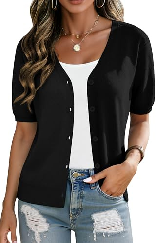 Yommay Women's Cardigans Summer Short Sleeve V Neck Open Front Knitwear Button Down Lightweight Casual Ladies Cardigans Cropped Shrugs,Black,L