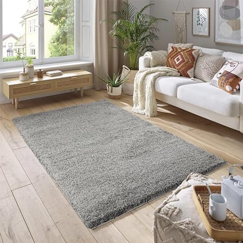 SmartLiving Rug 60 x 110cm Silver/Grey Shaggy Rug Soft Thick 5cm Pile Modern Shimmer Area Rug, Fluffy Non Slip Bedroom Living Room Hallway Carpet, Luxury Shiny Floor Rug