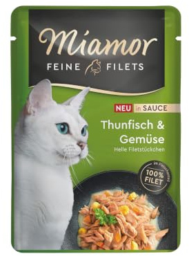 MIAMOR - Feine Filets in Sauce | Nassfutter für ausgewachsene Katzen mit Filetstückchen in Sauce. Fettarmes Ergänzungsfutter im Frischebeutel ohne künstliche Zusätze | 24x100g Thunfisch & Gemüse
