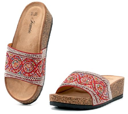 JOMIX Damen Sandalen Sommer Glitzer Pantoletten Bunte Clogs Dicke Sohle Kork Hausschuhe Weiche Strand Meer Flach Sommerschuhe (Rot, 39EU, WCF250335)