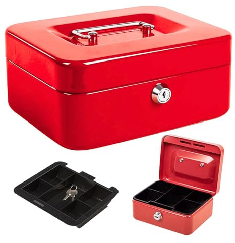 Marco Paul 8 Inch Red Heavy Duty Money Box with Lock Metal Lock Box Money Tin Cash Boxes With Keys Petty Cash Tin Money Saving Box for Adults Strong Small Metal Money Safe for Cash