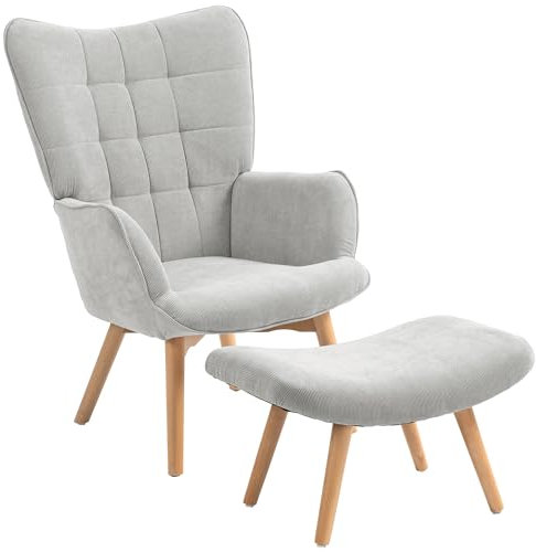 HOMCOM Fauteuil avec Repose Pied, Fauteuil Salon avec Pieds en Bois, Dossier Haut et Tissu Aspect Velours côtelé, pour Salon Chambre à Coucher Gris