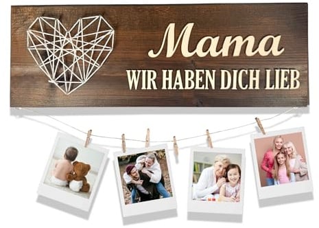 StuckART© - Holzschild Mama Geschenk mit Foto – Personalisiertes 3D Wandbild „Mama, wir haben dich lieb aus Herz & Garn – Ideal zum Geburtstag, Muttertag & Weihnachten