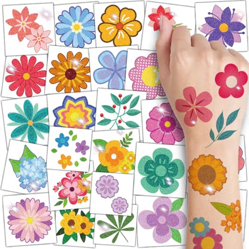 CHARLENT 74 Bögen Glitzer Blumen Temporäre Tattoos Kinder, Party | Funkelnde Blumen Tattoos für Mädchen, ideal als Mitgebsel für Geburtstage, Kinderpartys und Geschenktüten