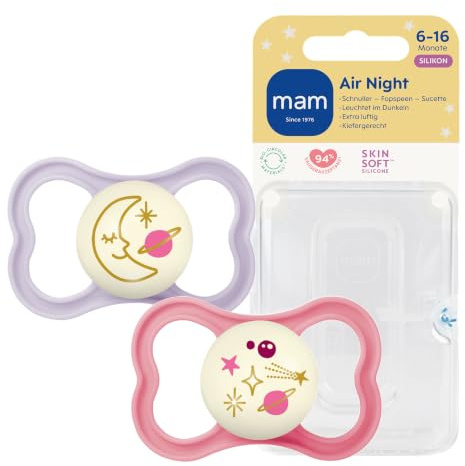 MAM Air Night Schnuller, 6-16 Monate, Mond/Universum, 2 Stück | Hautfreundlicher Babyschnuller, Leuchtet im Dunkeln, Stillfreundlich, SkinSoft Silikon, Mit Sterilisierbox