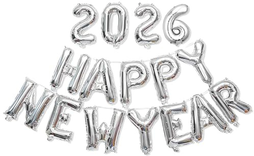 16PCS Silvester Deko 2026,Happy New Year,2026 Silber Ballon,Luftballons Party Deko,Folienballon Decoration,Goldene Neujahrsballons,Silvesterdeko Luftballon,Zahlen Folienballons Jahre Balloons