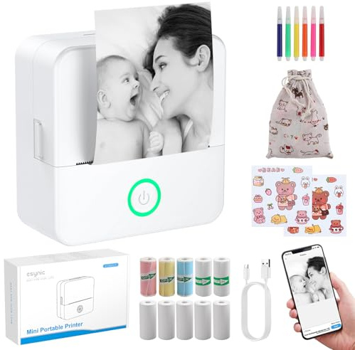 eSynic Mini Photo Printer Portable Pocket Thermal Printer for Phone with 10 Rolls Of Thermal Paper & Storage Bag Inkless Bluetooth Sticker Printer for Android IOS for Photos, Journals, Study Notes
