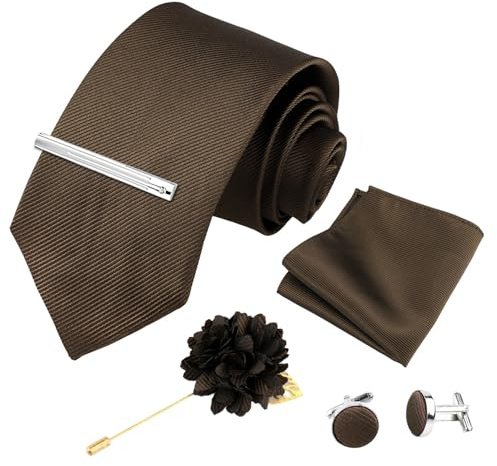 Xynovate Einfarbige Krawatte, Herren krawatte, Herrenfliege und Einstecktuch mit Manschettenknöpfen Set, Klassische Formelle Elegante Krawatte für Business, Hochzeit, Feier, Weihnachten，Braun