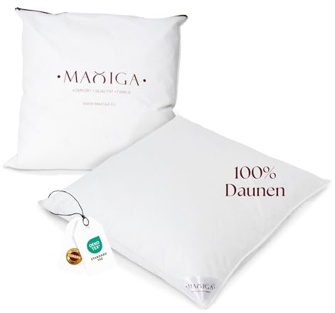 maxiga Daunenkissen 80x80 cm | 100% Daune | Füllgewicht 2000g | Für Allergiker geeignet | Oeko-TEX-Zertifikat Klasse 1 | Atmungsaktiver, Baumwollbezug