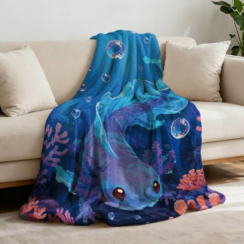 GLOBLELAND Mexican Axolotl Throw 59x51 inch Coral Bubbles Salamander Flannel Blanket Cute Ocean Animals Washable Fuzzy Throw Blanket for Couch Chair Sofa Bed Dorm Gift Wedding Christmas Anniversary