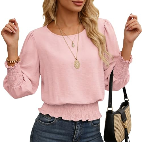 DOINEUFL 3/4 Sleeve Tops for Women UK Bubble Hem Blouse with Smocked Waist Casual Smart Top for Work Weekend and Everyday Wear (UK, Alpha, L, Regular, Regular, Pink)