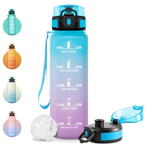 Borraccia 1 Litro, Borraccia Palestra con Orari per Bere, 1 Clic Aperto, Bottiglia Acqua Sportiva a Prova di Perdite, senza BPA, Water Bottle per Palestra, Lavoro, Bici, Escursionismo, Ciclismo