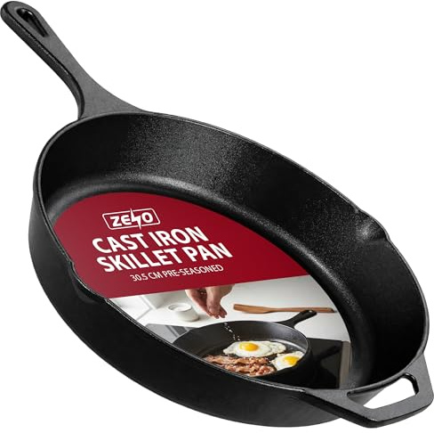 ZENO Cast Iron Skillet Pan 30.5CM | Pre-Seasoned Cast Iron Pan | Heavy Duty Cast Iron Frying Pan with Dual Handles | Oven Safe Skillet Pan for Hob, Grill, Oven and Camping | Cast Iron Skillet