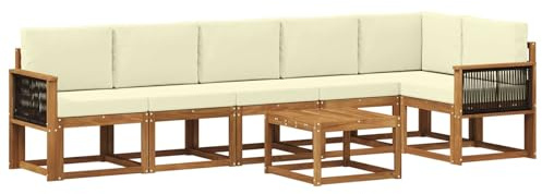 vidaXL Outdoor-Sofagarnitur mit Kissen 7 pcs Natur und Creme Polyester, Modernes Garten-Sofa Set, wetterfestes Möbel, Sektional für die Terrasse, Akazienholz, Entspannung im Freien
