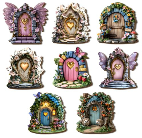 Orsefeliy 8 Stücke Feentür für Feengarten, Bunte Wichteltür Garten Dekoration mit 3mm Holz und Klebepads, Magische Miniatur Elfen Türen für DIY Garten, Yard und Kinderzimmer