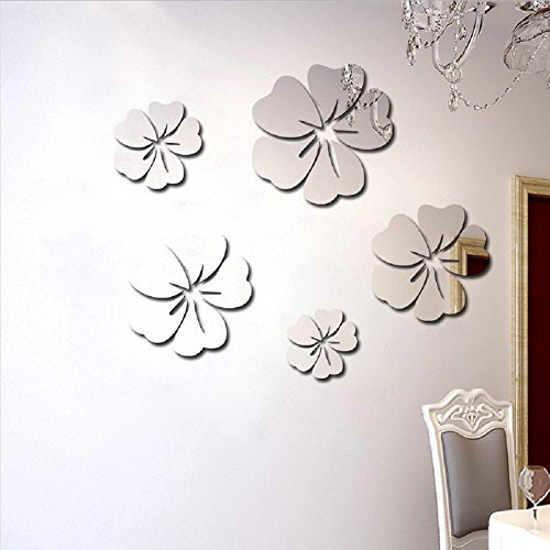 Toifucos Adesivi da Parete a Specchio, Fiore di Ibisco Adesivi Murali Removibile DIY 3D Specchio Adesivo Murali per Casa Salotto Camera da Letto Creativi Decorazione, 5pcs