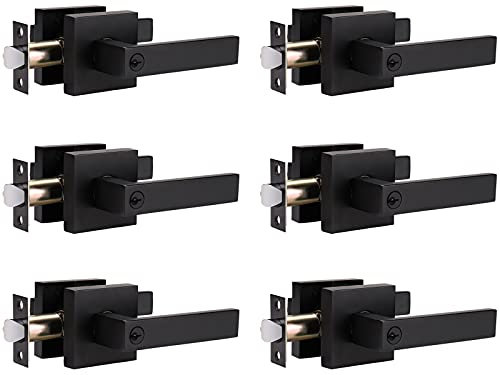 home improvement direct Keyed Entry Door Lever, Keyed Alike Door Handle with Lock for Interior/Exterior Use, Matte Black Reversible Square Lockset for Bedroom, Bathroom, Front Door 6 Pack