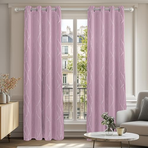 Deconovo Super Soft Dotted Line Foil Printed Thermal Insulated Window Treatment Eyelet Blackout Curtains for Nursery 52 x 54 Inch Light Pink Two Panels