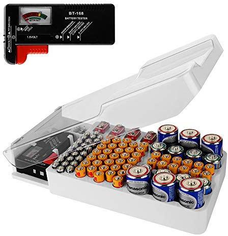 Linkidea Batterie-Organizer-Aufbewahrungskoffer, Batterie-Aufbewahrungsbox mit Tester, fasst 93 Batterien verschiedener Größen für AAA, AA, 9 V, C, D und Knopfbatterie