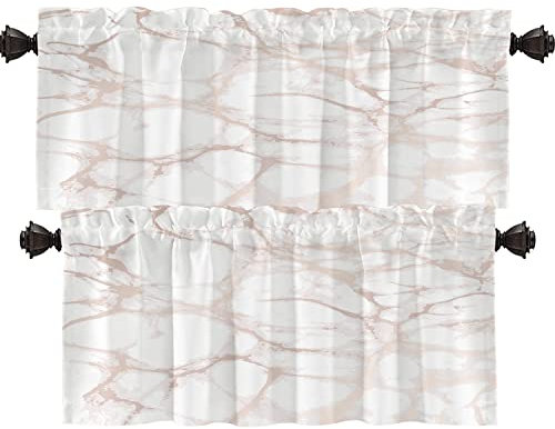 Shrahala Marble Rose Gold Pink Kitchen Valance - Half Window Curtain With Gold Foil and Glitter, Ink Printing for Kitchen Decor, Brown and Marble, 52x16 Inch