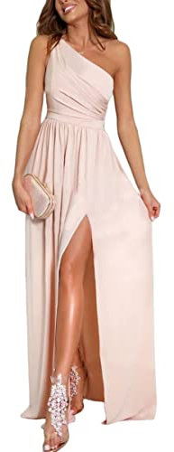 Shownicer Femme Robe de Soirée Maxi Sans Manches Col V Élégante Sexy Taille Haute Épaules Dénudées Fente Avant Longue Cocktail Rose L