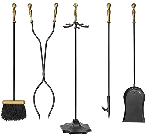 MTSON Kaminbesteck 5-TLG. Kaminbesteck Besen, Schaufel, Zange, Schürhaken, Halter, Kleines Kaminbesteck Kaminbesteck, Inneneinrichtung, Leicht zu Montieren