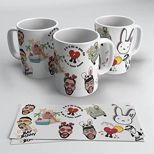newseny Taza de Bad Bunny Pupurri - Logo, dibujo, corazon, y si el dia se pone feo... Merch de Bad Bunny