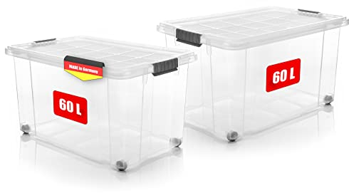 BigDean 2 Stück 60 L Aufbewahrungsbox mit Deckel groß transparent - stapelbare robuste Box - rollbare Stapelbox mit festen Klickverschlüssen - Made in Germany
